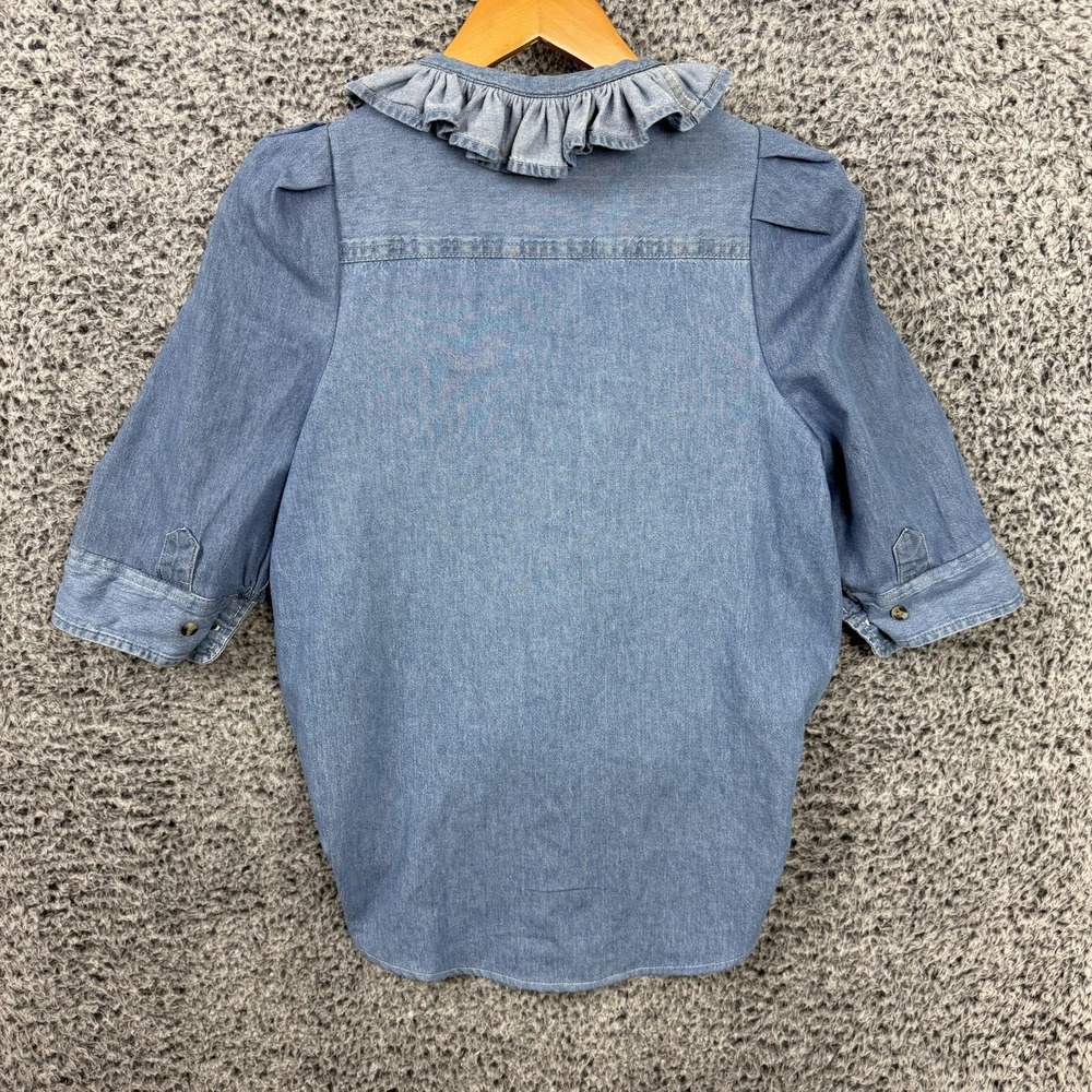 KMJ Kate McHale Jensen Shirt Womens Small Blue Denim Ruffle Collar Puff Sleeve - Picture 2 of 10